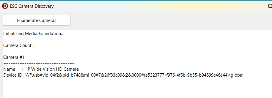 ESC Camera Discovery sample application listing a detected USB camera
