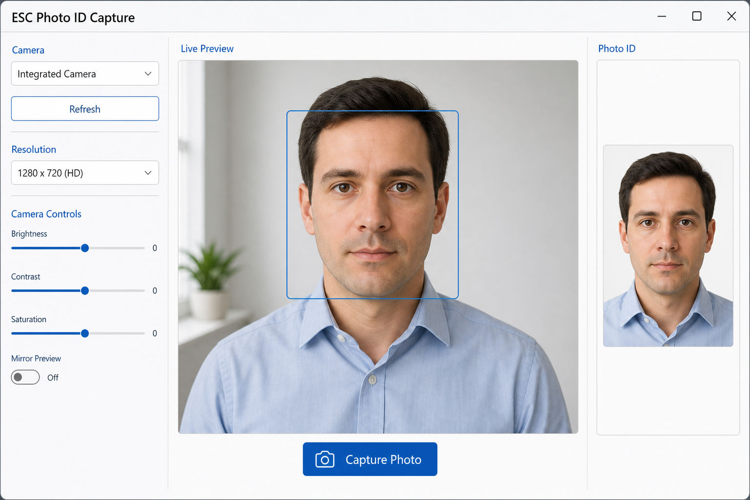 ESC Photo ID Capture sample with a fictional person in a live camera preview and captured ID photo